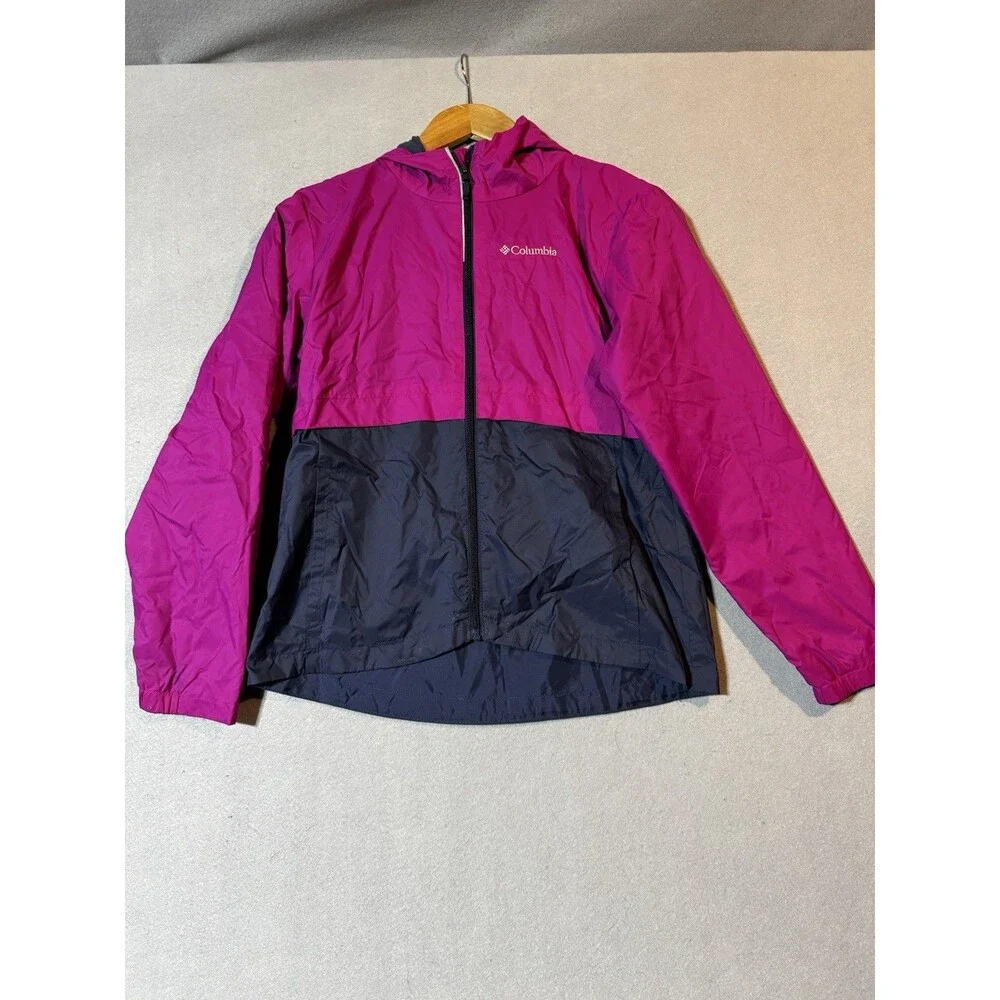 Columbia Rain Jacket Girl's L Pink Navy Hooded Full-Zip Windbreaker Outdoor